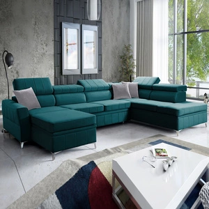 Ecksofa mit Schlaffunktion Rava VI azurblau links praktisches und modernes Ecksofa mit einer Multifunktionslampe ausgestattet