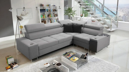 Ecksofa mit Schlaffunktion Dafni II grau rechts geflochtenes Ecksofa mit Bettzeugstauraum Vollauszug in der Seitenwand