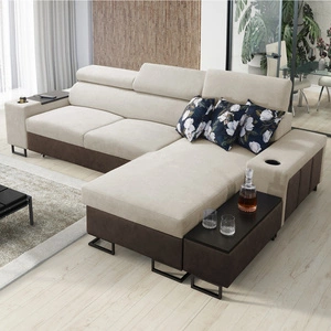 Ecksofa mit Schlaffunktion Flavio hellbeige / braun rechts elegantes Ecksofa mit einer seitlich öffnenden Verlängerungsstange