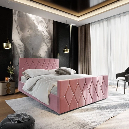 Polsterbett Tifton 160x200 puderrosa mit Stauraum im modernen Stil mit markantem Kopf- und Fußteil mit Kristallen veredelt