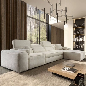 Ecksofa mit Schlaffunktion Viano XII creme rechts stilvolles Ecksofa mit interessanter Form verstellbare Kopfstützen Zierkissen