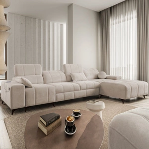 Ecksofa mit Schlaffunktion Penejos XII beige rechte Seite stilvolles Ecksofa mit Bettzeugcontainern komfortable verstellbare Kopfstützen