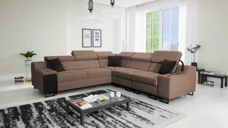 Ecksofa mit Schlaffunktion Alcamo III hellbraun rechts funktionelles Ecksofa mit einer Schublade in der Seite zwei Behälter für Bettzeug