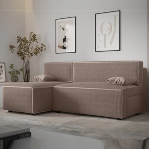 Ecksofa mit Schlaffunktion Brandon hellbraun linkes Sofa dreidimensionaler Stoff mit ausdrucksstarken Streifen Bettzeugbehälter