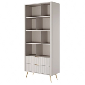 Lante Bücherregal 88 cm beige elegantes Bücherregal mit Schubladen Designer-Riffelungen an den Fronten Metallgriffe mit Goldrand