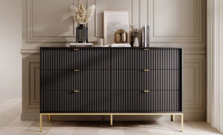 Kommode mit Schubladen Lovro 154 cm schwarz modernes Design wird Liebhaber von ausdrucksstarken Interieurs geriffelte Fronten Gold Zubehör begeistern