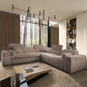 Ecksofa mit Schlaffunktion Viano III hellbraunes rechtsseitiges Ecksofa mit Bettzeugcontainern perfekt für moderne Interieurs