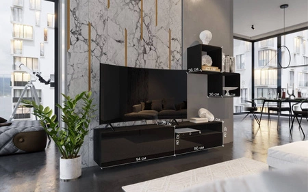 Mesini weiß / weiß glänzend moderne Wohnwand mit praktischem Push-to-Open-Schubladensystem