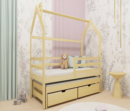 Kinderbett Chip 70x160 cm Kiefer Ausziehbares Doppelbett für das Kinderzimmer Holzbett in Form eines Hauses mit geräumigen Schubladen
