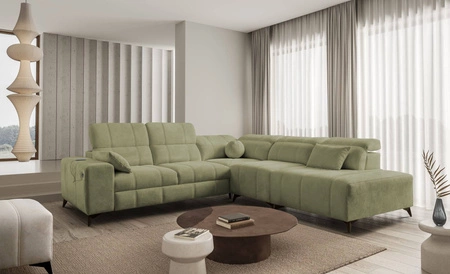 Ecksofa mit Schlaffunktion Penejos IX olive rechts stilvolles Ecksofa mit Bettzeugcontainern komfortable verstellbare Kopfstützen