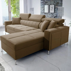 Ecksofa mit Schlaffunktion Nausa hellbraun rechts Samt stilvolles bequemes Ecksofa verstellbare Kopfstützen Bettzeug Container