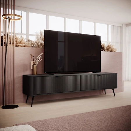 RTV Schrank Lante 200 cm schwarz modernes Design Korpus auf hohen Beinen geriffelte Front charakteristische ovale Form