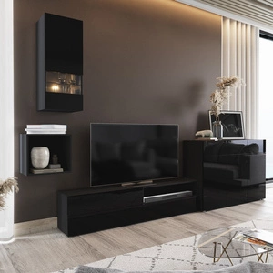 Oberschrank Pylos schwarz / schwarz glänzend modernes Design push to open system für Türen und Schubladen Möbelset mit Kommode