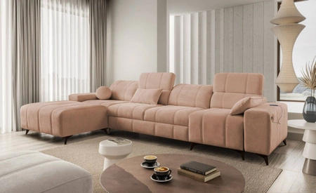 Ecksofa mit Schlaffunktion Penejos XII lachsfarbe links stilvolles Ecksofa mit Bettzeugcontainern komfortable verstellbare Kopfstützen