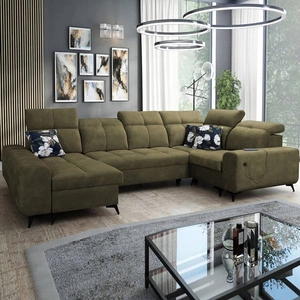 Ecksofa mit Schlaffunktion Buffalo IV oliv links stilvolles Ecksofa mit zwei Bettkästen Velourstoff