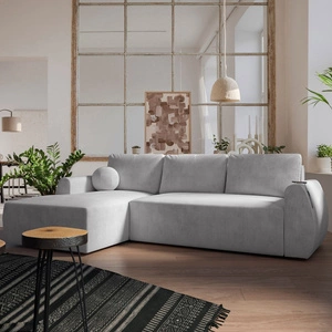 Ecksofa mit Schlaffunktion Colio grau Esche links stilvolles Ecksofa mit interessanter Form Zierkissen Ball