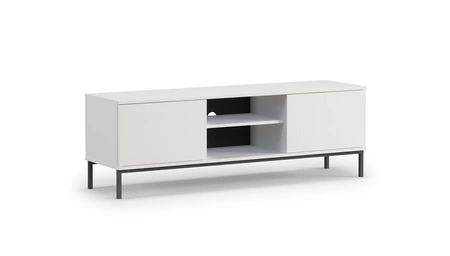 RTV-Schrank Tutti 150 cm weiß elegantes Schrankdesign Metall massiver Sockel Türen öffnen sich mit einem Push-to-Open-System