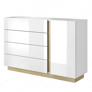 Kommode mit Schubladen Adria 138 cm glänzend weiß / Eiche Enkel moderne Möbel Design Kommode Kante mit speziellen ABS-Furnier fertig