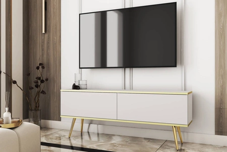 TV Schrank Luxury 135 cm weißer eleganter Design-Korpus mit goldener Zierleiste Schrank auf goldenen Metallbeinen