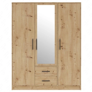 Kleiderschrank mit Spiegel Caspe 150 cm Eiche handwerklich modernes Design ABS-Finish und schwarze Griffe