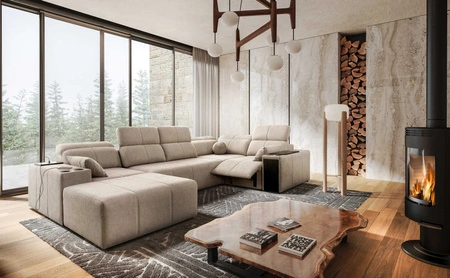Ecksofa mit Schlaffunktion Tesalia IV Lux beige links stilvolles Ecksofa mit ausziehbarem Fußteil und Schiebefunktion der Rückenlehne