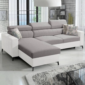 Ecksofa mit Schlaffunktion Savona hellgrau/weiß links elegantes Ecksofa mit verstellbaren Kopfstützen Ziernähte