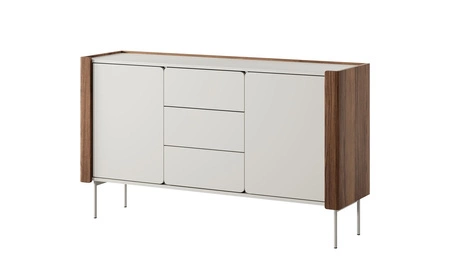 Kommode Tantuni 141 cm warmia Nussbaum / beige elegante Kommode mit einer abgerundeten Form auf einem Metallsockel unterstützt