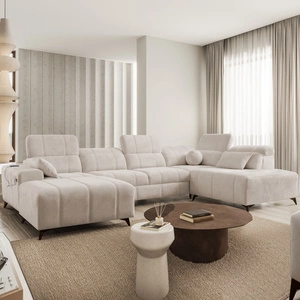 Penejos VI Ecksofa mit Schlaffunktion beige linke Seite stilvolles Ecksofa mit zwei Bettkästen strapazierfähiger Stoff