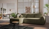 Ecksofa mit Schlaffunktion Colio oliv linke Seite stilvolles Ecksofa mit interessanter Form Velourstoff Zierkissen Ball