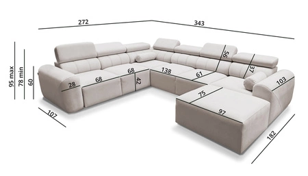 Ecksofa mit Schlaffunktion Cantare VIII Lachsfarbe rechts geschmackvolles Ecksofa mit verstellbaren Kopfstützen Bettzeugcontainer