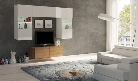 Möbelwand Apulia X weiß glänzend / goldene Eiche eine außergewöhnlich stilvolle Möbelwand einfache Elemente, die in jedes Interieur passen