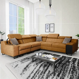 Ecksofa mit Schlaffunktion Alcamo III Honig links funktionelles Ecksofa mit einer Schublade in der Seite zwei Behälter für Bettzeug