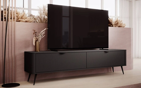 RTV Schrank Lante 200 cm schwarz modernes Design Korpus auf hohen Beinen geriffelte Front charakteristische ovale Form