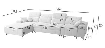 Ecksofa mit Schlaffunktion Penejos XII grau Esche links stilvolles Ecksofa mit Bettzeugcontainer komfortable verstellbare Kopfstützen