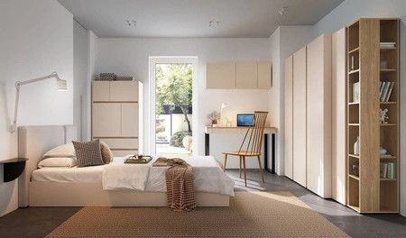 Regal Paguro 80 cm beige sand / Eiche geölt elegantes Design stabile hohe Beine Bücherregal mit Türen und Schubladen