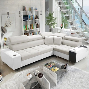 Ecksofa mit Schlaffunktion Dafni II elfenbeinfarbener/weißer Samt, rechtes Ecksofa mit Bettzeugablage und Schublade in der Seitenwand