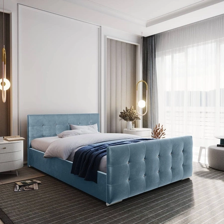 Polsterbett Alford 180x200 türkis mit Stauraum im modernen skandinavischen Stil mit gestepptem Kopf- und Fußteil mit Kristallen besetzt
