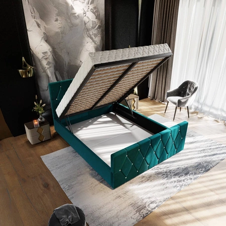 Tifton 140x200 schwarzes Polsterbett mit Staukasten im modernen Stil mit markantem Kopf- und Fußteil mit Kristallen verziert