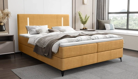 Boxspringbett Norco 140x200 gelb stilvolles Bett mit Bettzeug Lagerung Beleuchtung im Kopfteil fügt eine einzigartige Note