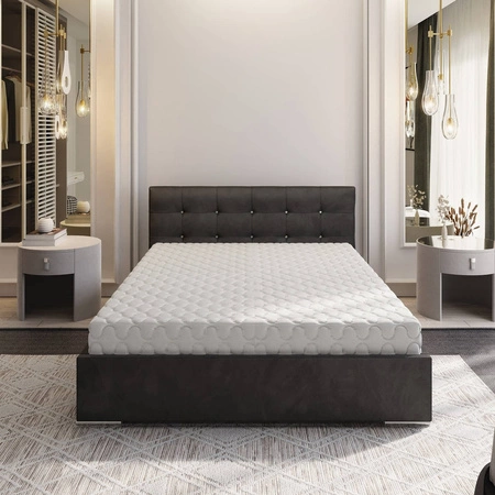 Polsterbett Mona 180x200 in Graphit mit Container im modernen skandinavischen Stil mit gestepptem Kopfteil mit Kristallen