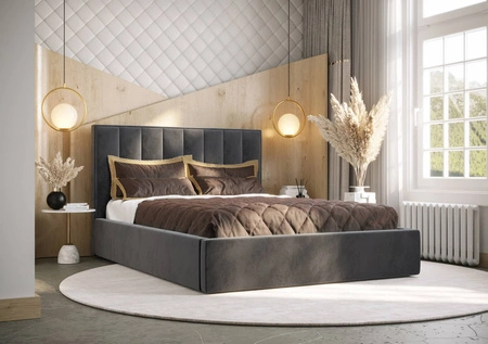 Polsterbett Rinus 160x200 mit Aufbewahrung Grau Modernes skandinavisches Stilbett mit bequemem Kopfteil