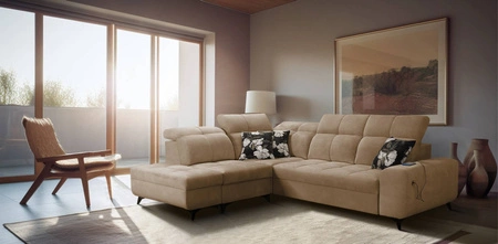 Ecksofa mit Schlaffunktion Buffalo VII dunkelbeige linke Seite stilvolles Ecksofa mit Bettzeugcontainern Velourstoff