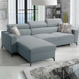 Ecksofa mit Schlaffunktion Savona arctic blue links elegantes Ecksofa mit verstellbaren Kopfstützen Ziernähte
