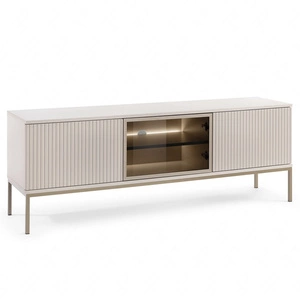 RTV Schrank Amma 154 cm beige elegante Form des Möbels in einem modernen Stil geschmackvoll geriffelte Front sicher gehärtetem Glas
