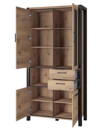 Aktiv 100 cm Eiche taurus / schwarz stilvolles Design sichere Vitrine aus gehärtetem Glas mit Schublade im industriellen Stil