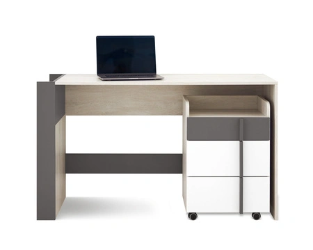 Schreibtisch Remona 130 cm Eiche wilton weiß / weiß / anthrazit mit einem Schrank auf Rollen stilvoll und funktional für das Büro, Arbeitszimmer oder Jugendzimmer