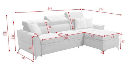 Ecksofa mit Schlaffunktion Rava azurblauer rechtsseitiger Samt komfortables und funktionelles Ecksofa mit verstellbaren Kopfstützen