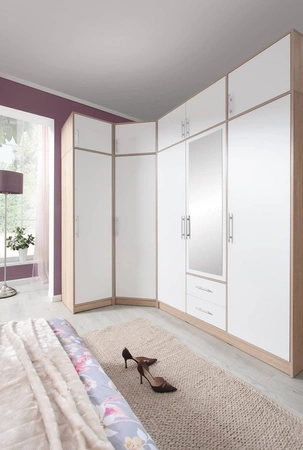 Kleiderschrank mit spiegel Caspe 150 cm Eiche hell sonoma / weiß modernes Design ABS-Finish und Aluminiumgriffe