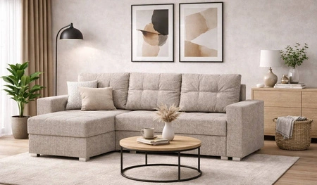 Ecksofa mit Schlaffunktion Pablos beige Universal-Ecksofa mit Bettkasten und Ziersteppung auf der Sitzfläche