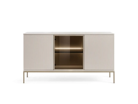 Kommode Amma 154 cm beige unkonventionelles Design verglaste Kommodenfront für Wohnzimmer mit Push-to-Open-System Zierleisten